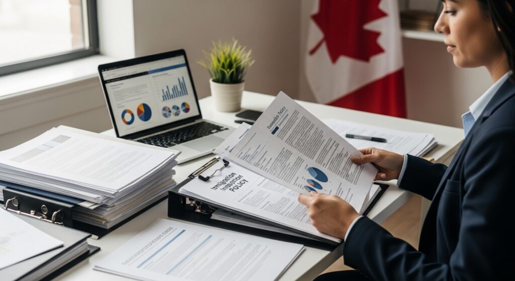 Canadian immigration policy updates and documents reviewed in a professional office setting
