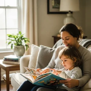 Parent spending time with child in a calm home environment