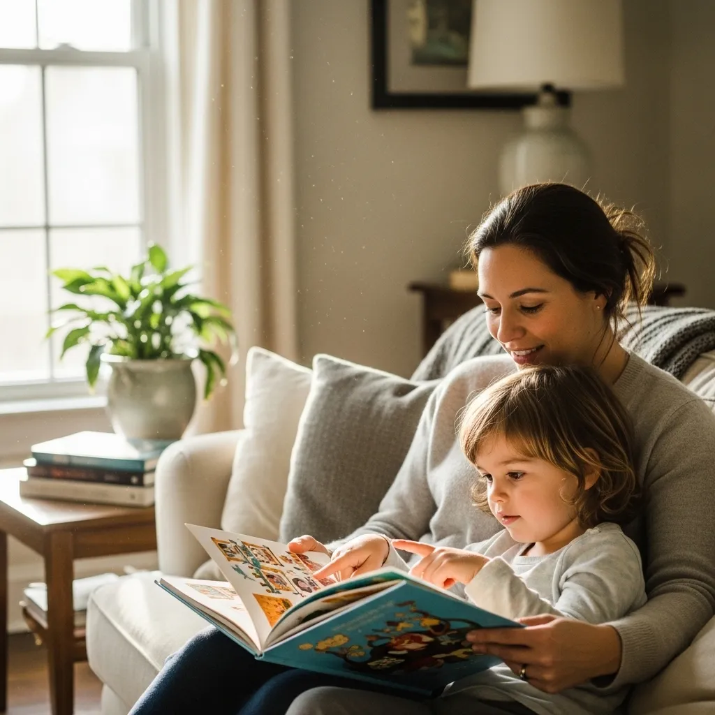 Parent spending time with child in a calm home environment