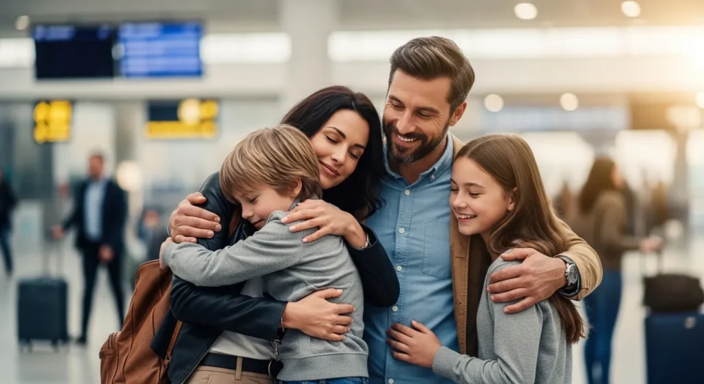 Family reuniting at airport after immigration approval