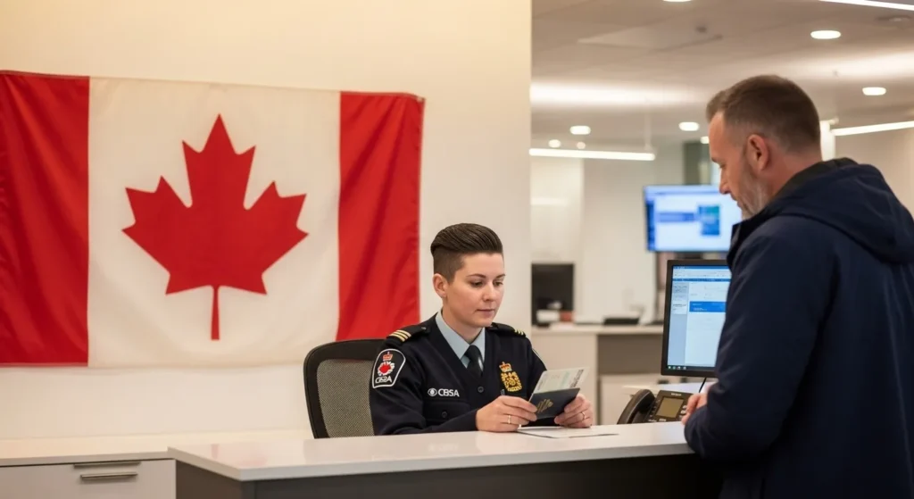 Traveler reporting entry at a remote Canadian border crossing near a lake in Ontario